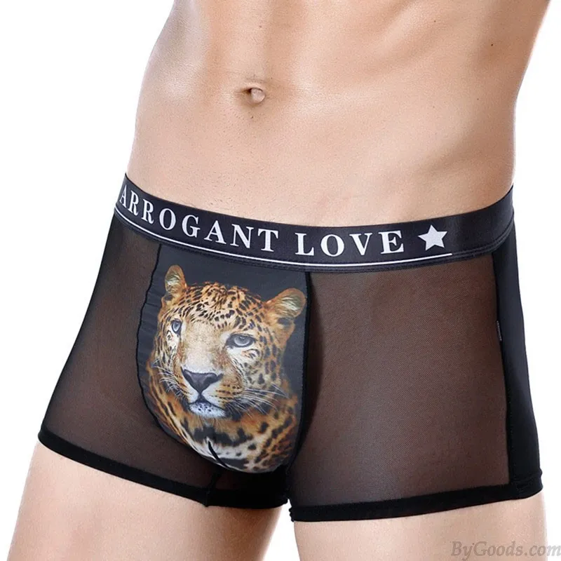 SEXY 3D LEOPARD PRINT MESH BREATHABLE BOXER BRIEFS ULTRATHIN UNDERWEAR THONG UNDERPANTS MEN'S LINGERIE