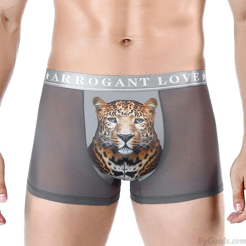 SEXY 3D LEOPARD PRINT MESH BREATHABLE BOXER BRIEFS ULTRATHIN UNDERWEAR THONG UNDERPANTS MEN'S LINGERIE