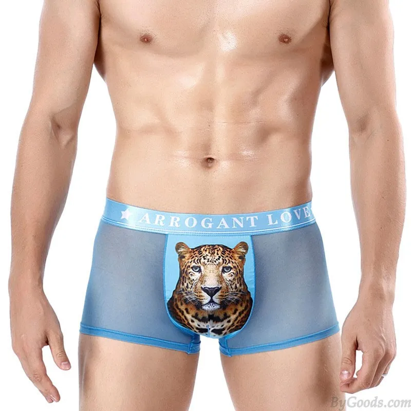 SEXY 3D LEOPARD PRINT MESH BREATHABLE BOXER BRIEFS ULTRATHIN UNDERWEAR THONG UNDERPANTS MEN'S LINGERIE