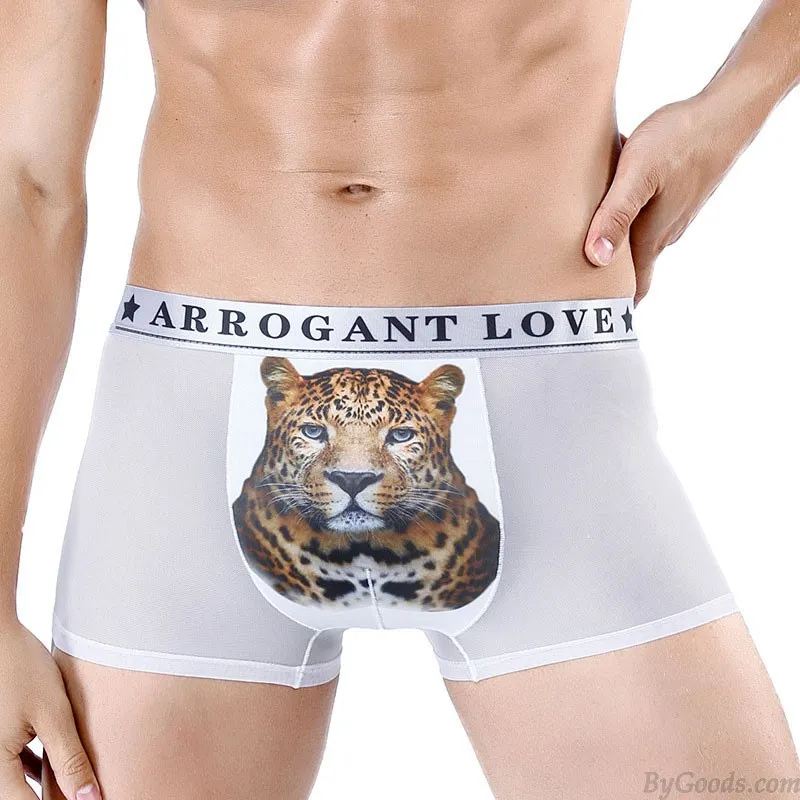 SEXY 3D LEOPARD PRINT MESH BREATHABLE BOXER BRIEFS ULTRATHIN UNDERWEAR THONG UNDERPANTS MEN'S LINGERIE