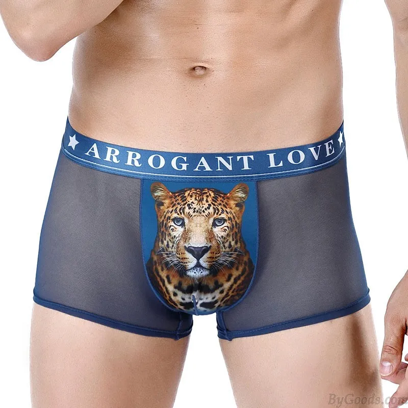 SEXY 3D LEOPARD PRINT MESH BREATHABLE BOXER BRIEFS ULTRATHIN UNDERWEAR THONG UNDERPANTS MEN'S LINGERIE