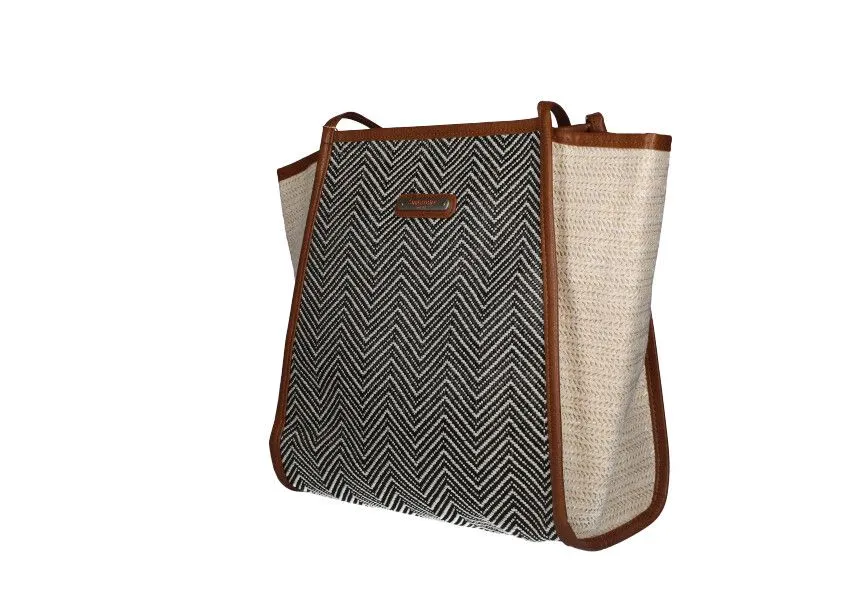SHOPPER RAFIA NEGRO ZIGZAG DETALLES CUERO