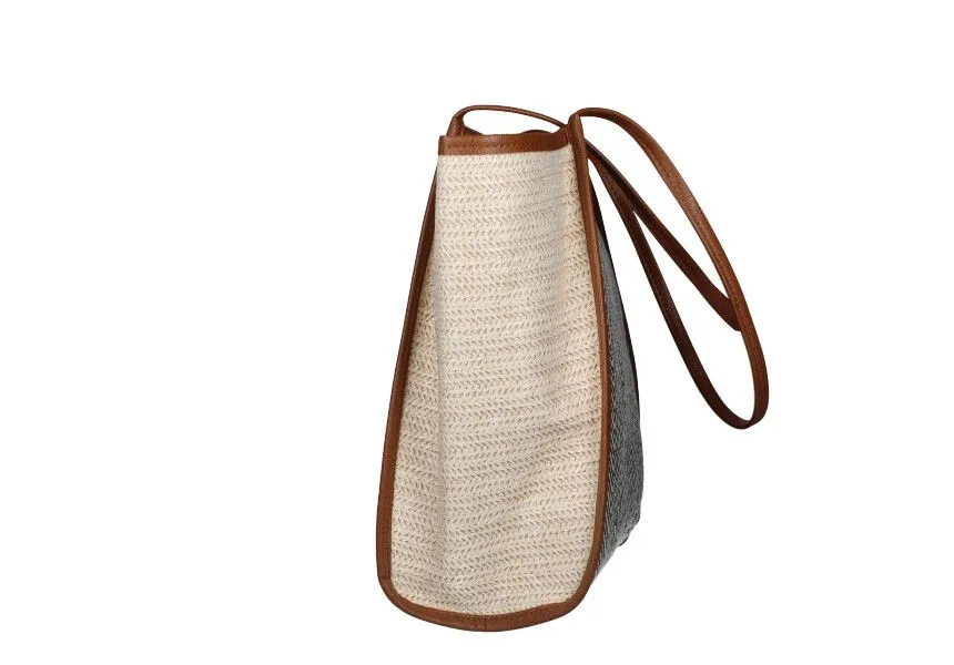SHOPPER RAFIA NEGRO ZIGZAG DETALLES CUERO