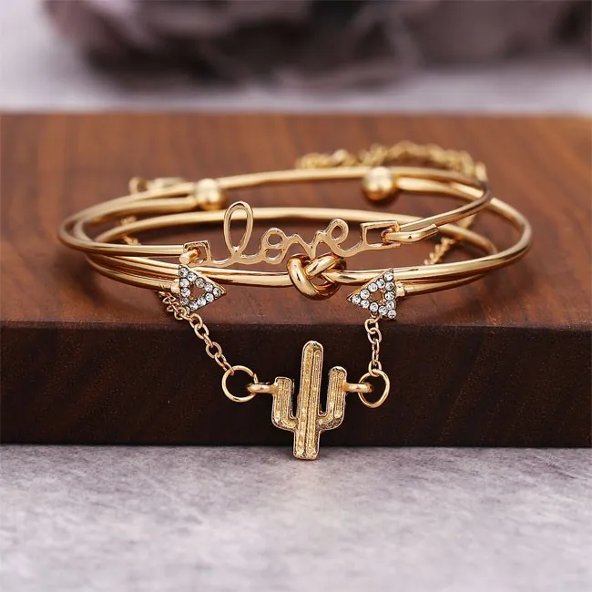 Unique Cactus Bracelet Triangle Arrow Knotted LOVE Combination Four Piece Bracelet