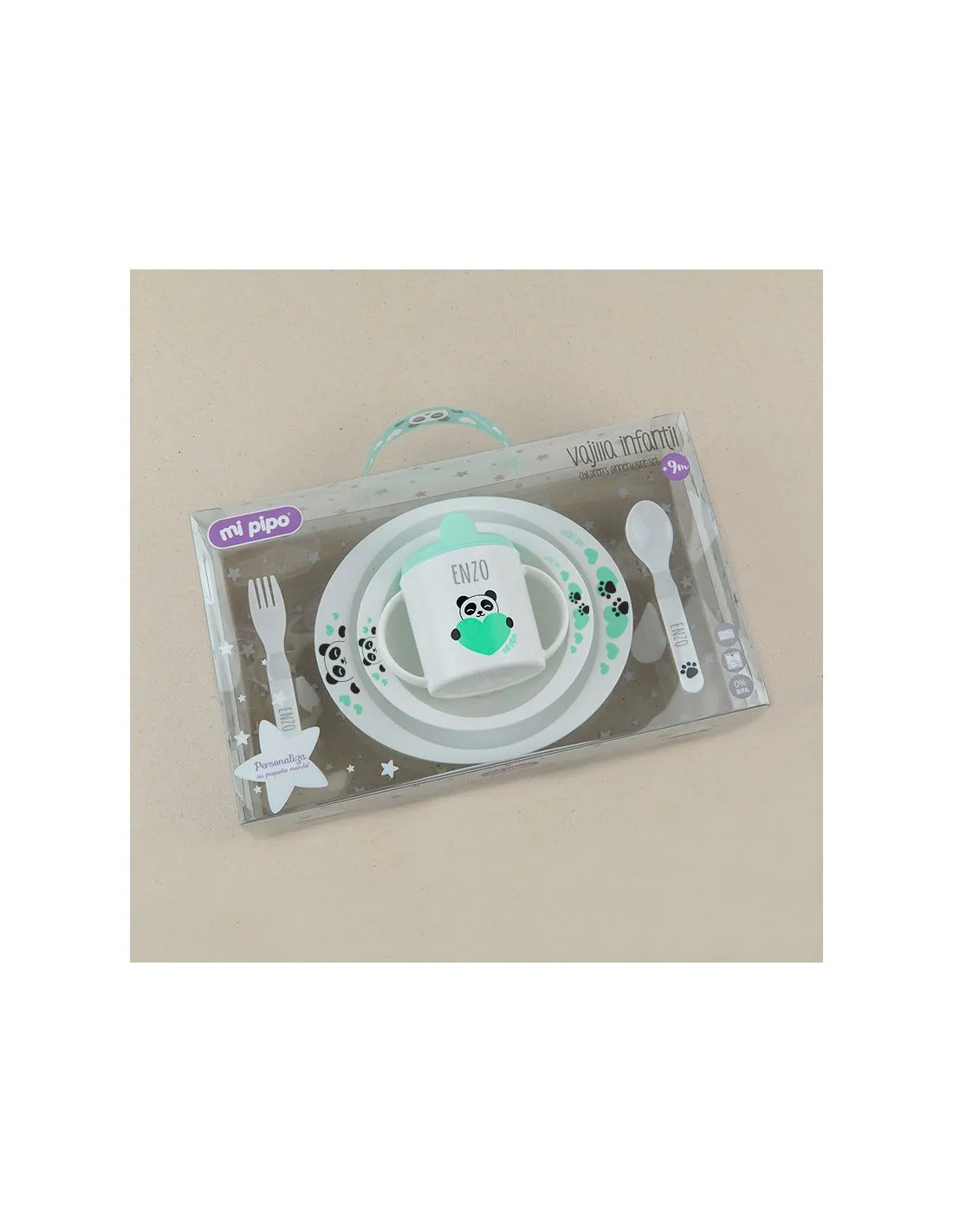 Vajilla 5 Piezas Panda Menta personalizada de Mi Pipo