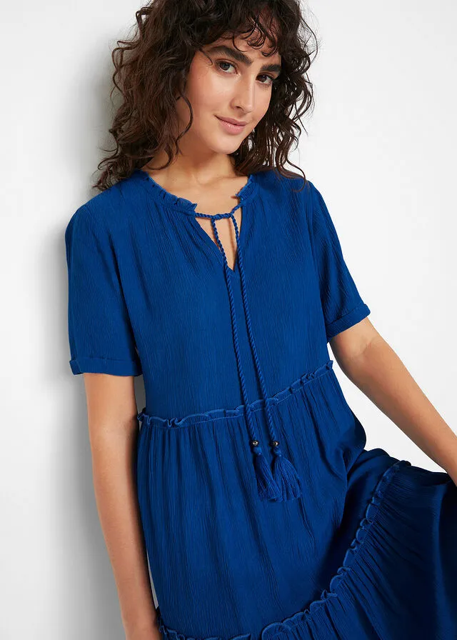 Vestido de caftán, efecto arrugado, hasta la rodilla con detalles en el cuello Azul ártico