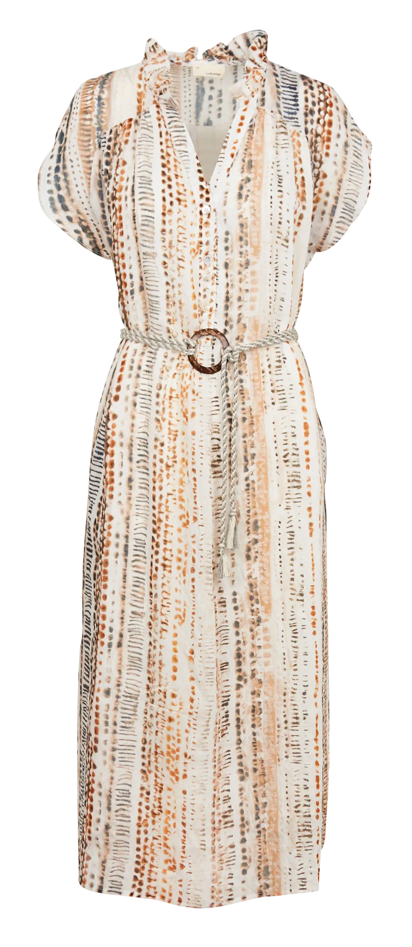 Vestido largo estampado con cuello de pico en beige